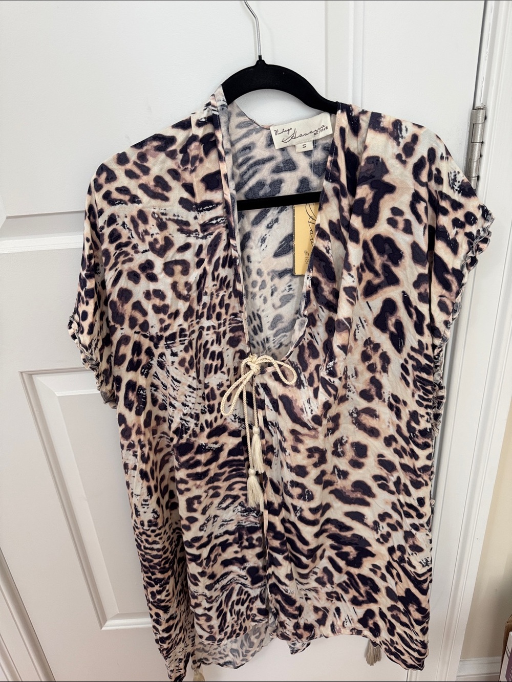 Vintage Havana Leopard Print Tie-Front Tunic Top - Beige/Black